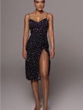 JLUXLABEL Navy Polka Dot Midi Dress + High Slit- NWOT - So Chic